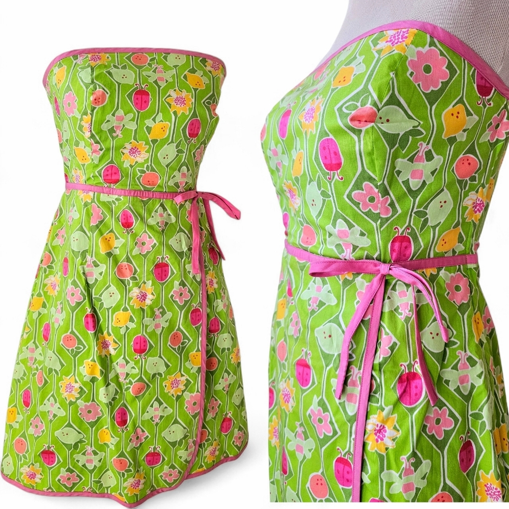 Lily Pulitzer Lime Green & Pink Ladybugs Fruit Geometric Print Strapless Dress 4